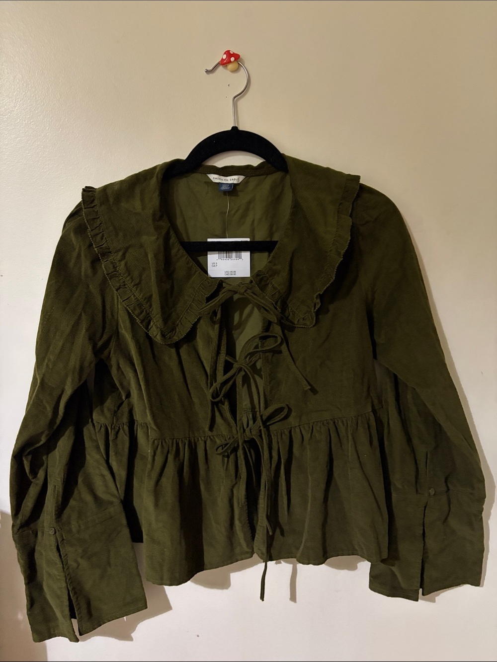 American Eagle Olive Green Ruffle Tie-Front Blouse